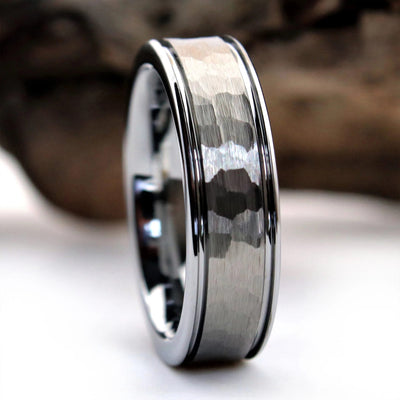 Slim Hammered Tungsten Mens Wedding Ring