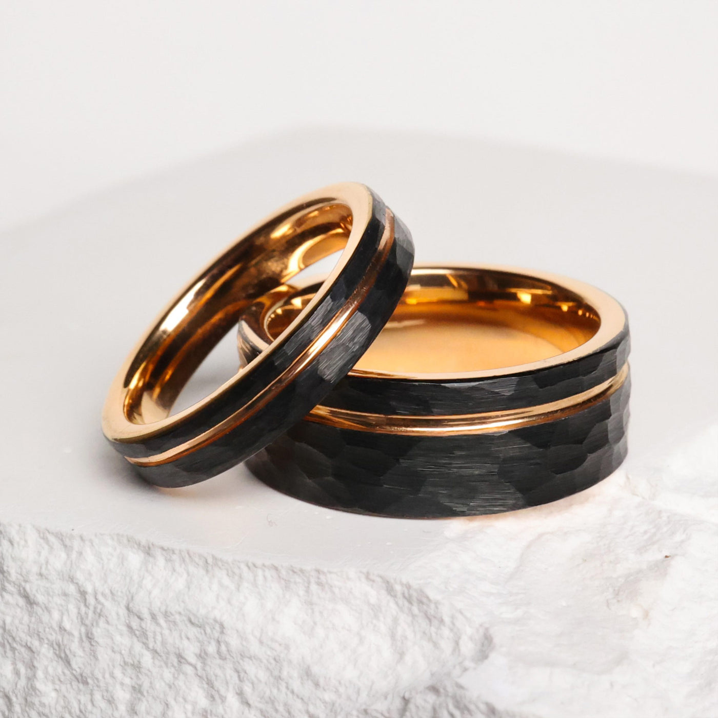 Hammered Tungsten and Rose Gold Wedding Ring Set