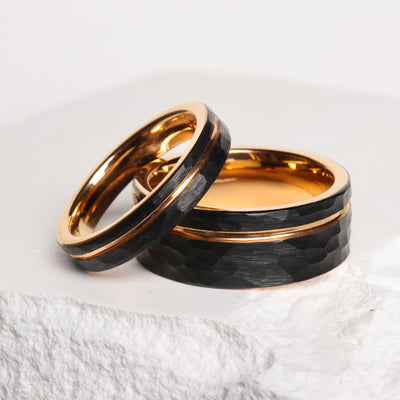 Hammered Tungsten and Rose Gold Wedding Ring Set