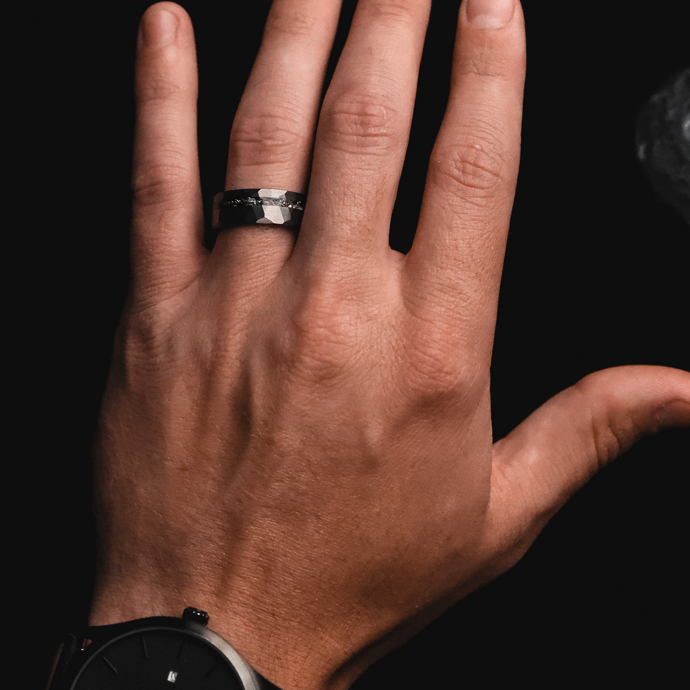 Hammered Meteorite and Tungsten Wedding Band 8mm