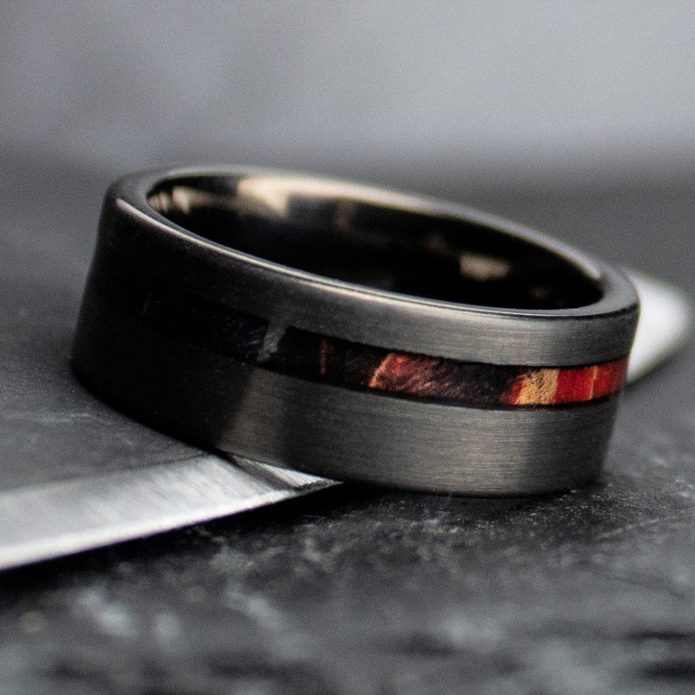 Thorum Tungsten and Box Elder Wedding Ring