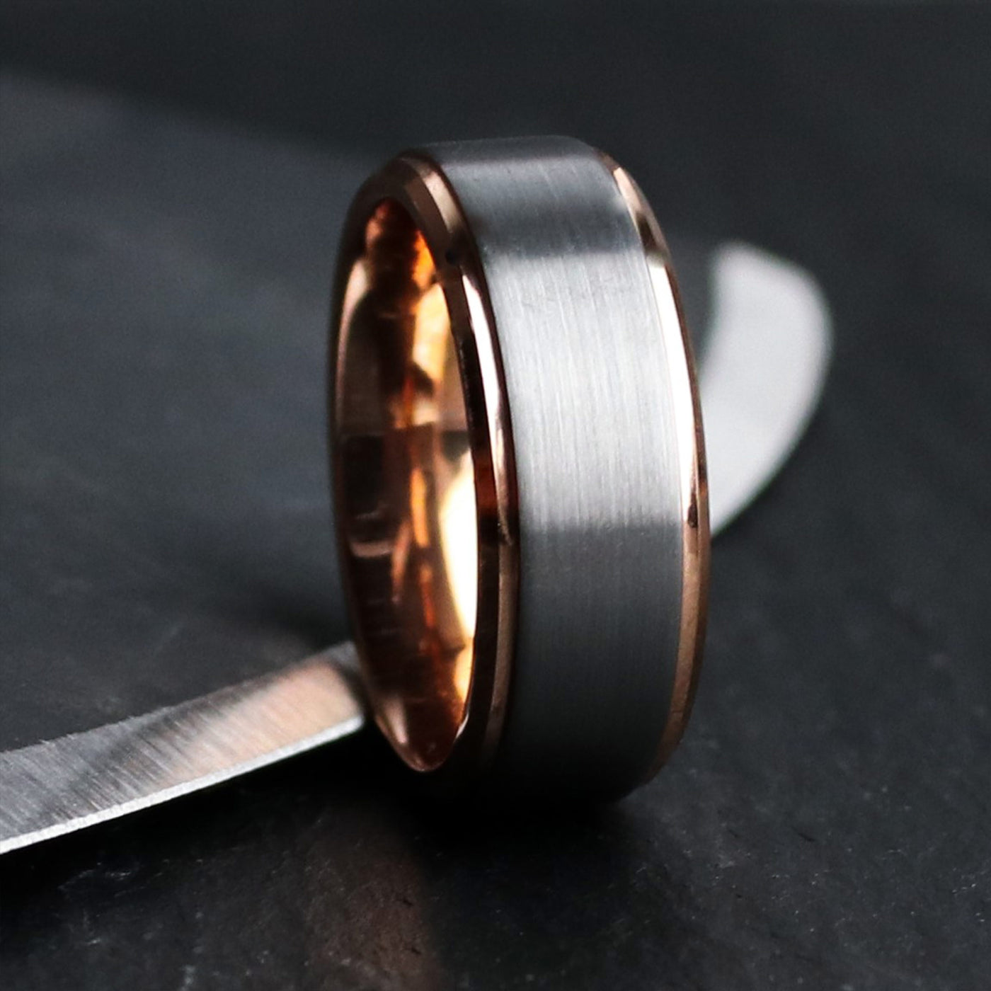 The Executive Brushed Tungsten and Rose Gold Ring