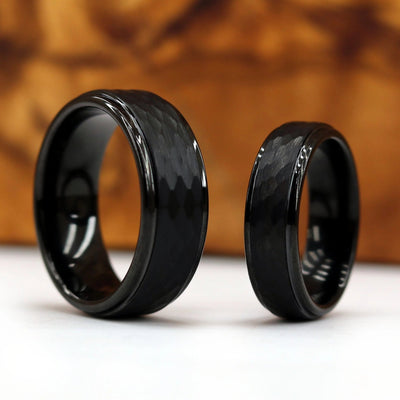 The Obscura | Hammered Black Wedding Bands Set | Thorum