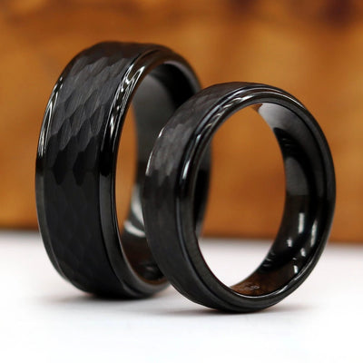 The Obscura | Hammered Black Wedding Bands Set | Thorum