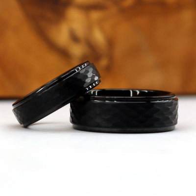 The Obscura | Hammered Black Wedding Bands Set | Thorum