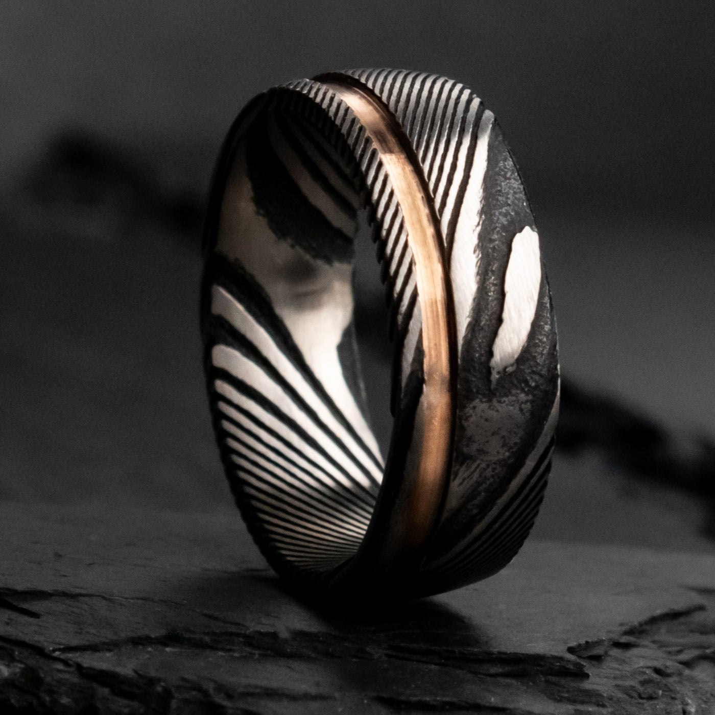 The Sensei | Men's Damascus Steel and 18k Rose Gold Wedding Ring | Thorum