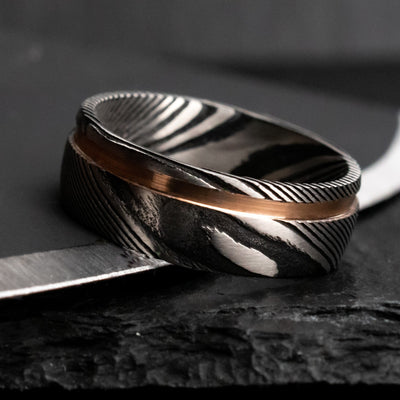 The Sensei | Men's Damascus Steel and 18k Rose Gold Wedding Ring | Thorum