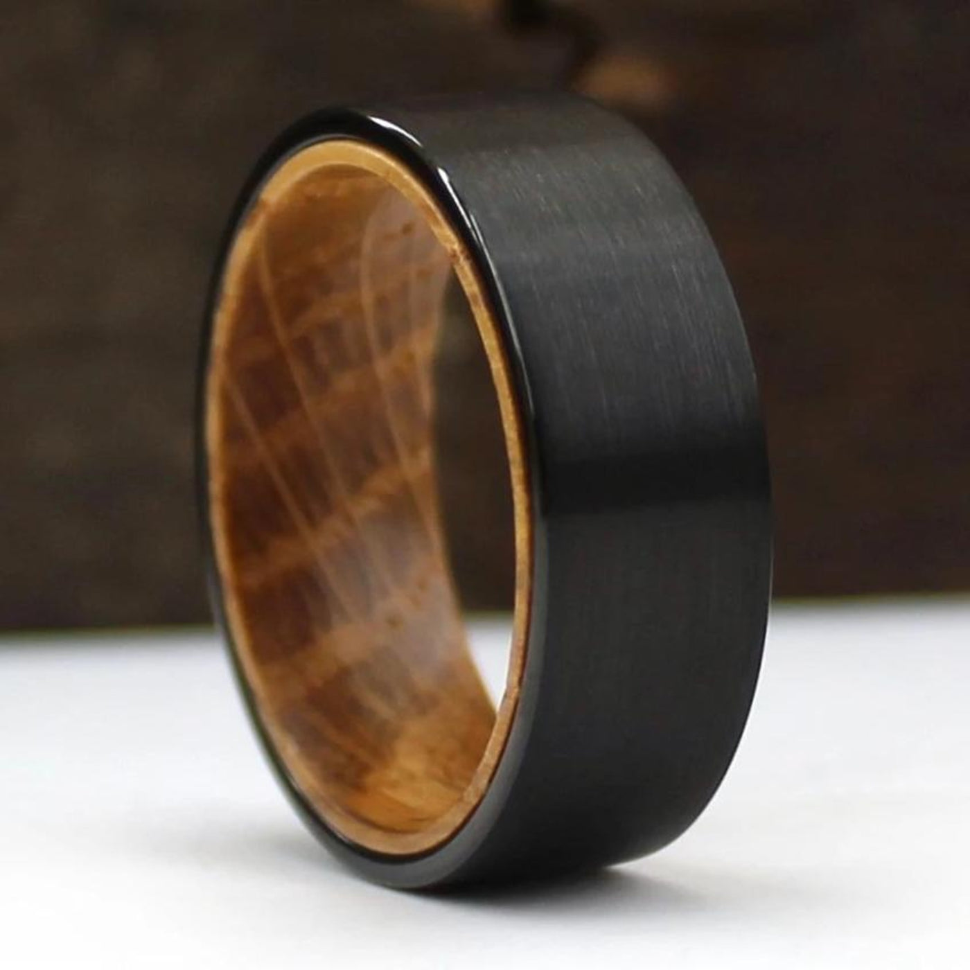 The Tiberius | Black Whiskey Barrel Wood Wedding or Engagement Ring | Thorum