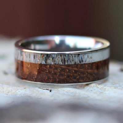The Wayfarer | Antler and Whiskey Barrel Wedding Ring | Thorum